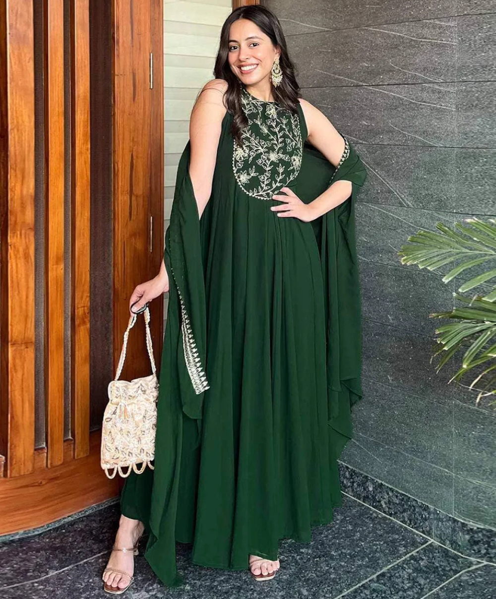 Green Embroidered Designer Anarkali